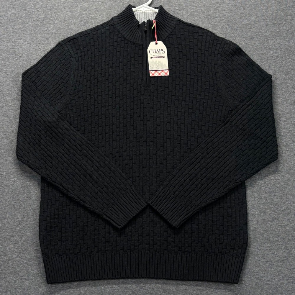 Chaps Sweater Mens L 1/4 Zip Textured Knit Black long sleeves preppy ski NEW